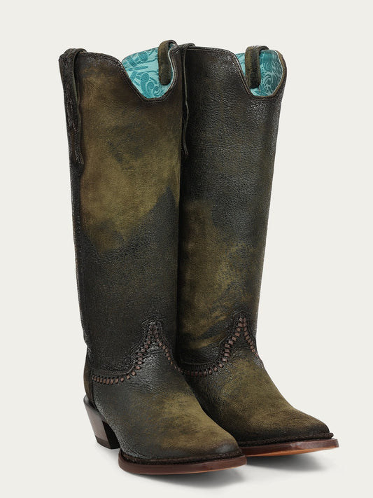 Women's Corral Green Genuine Leather Boots with Woven & Lamb Abstract Tall Top