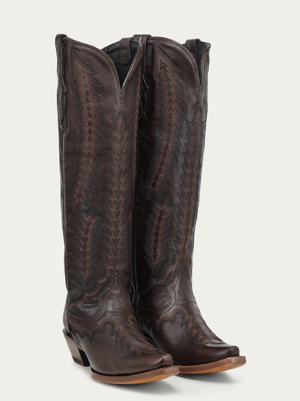 Women's Corral Chocolate Genuine Leather Boots with Serrated Pattern Embroidery Tall Top