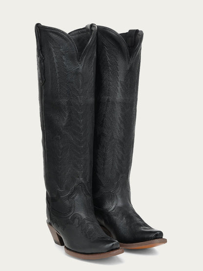 Women's Corral Black Genuine Leather Boots with Serrated Pattern Embroidery Tall Top