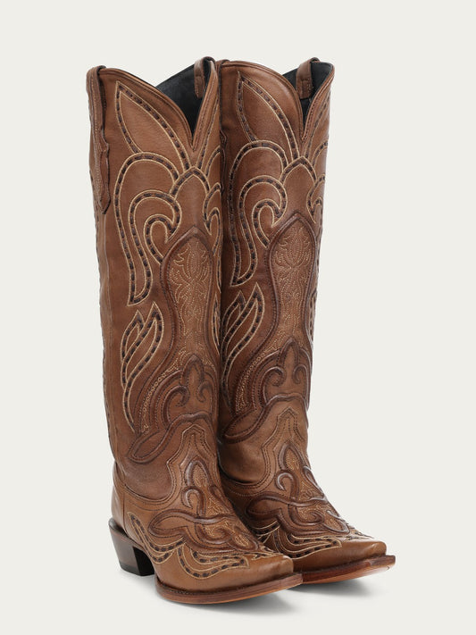 Women's Corral Honey Genuine Leather Boots with Raised Woven Embroidery Tall Top Cowboy Boot