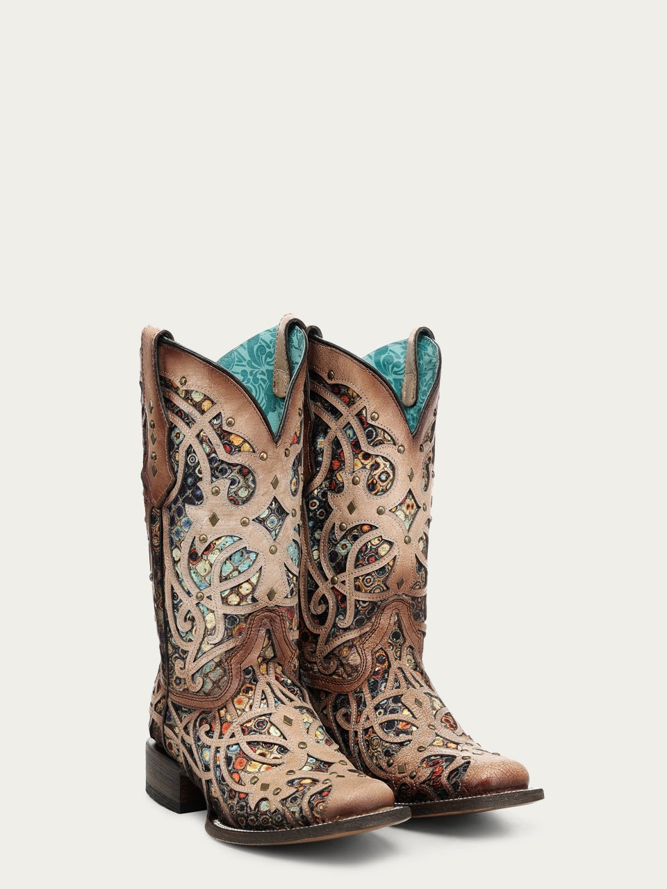 Women's Corral Bone Genuine Leather Boots with Multicolor Inlay & Studs