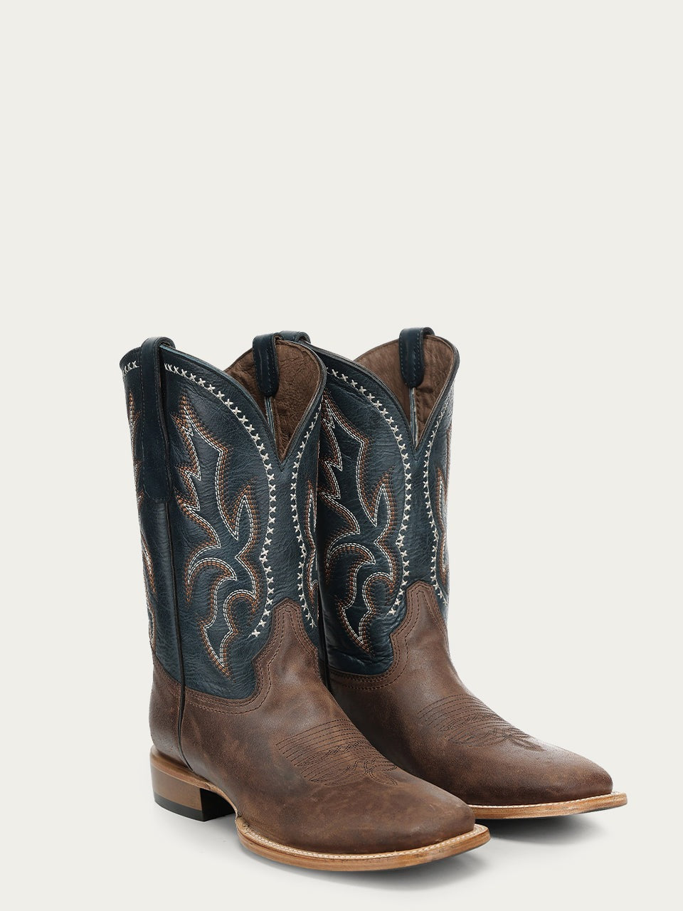 Men's Circle G Brown Genuine Leather Boots with Navy Blue Embroidery