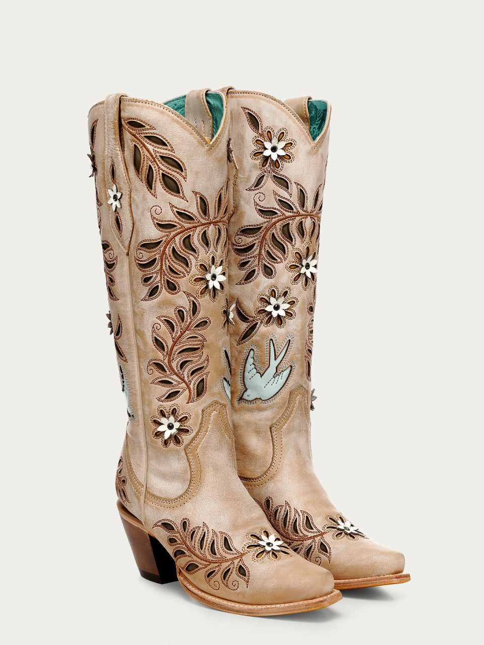 Women's Corral Straw Genuine Leather Boots with Laser & Flowers - Birds Inlay & Crystals Tall Top