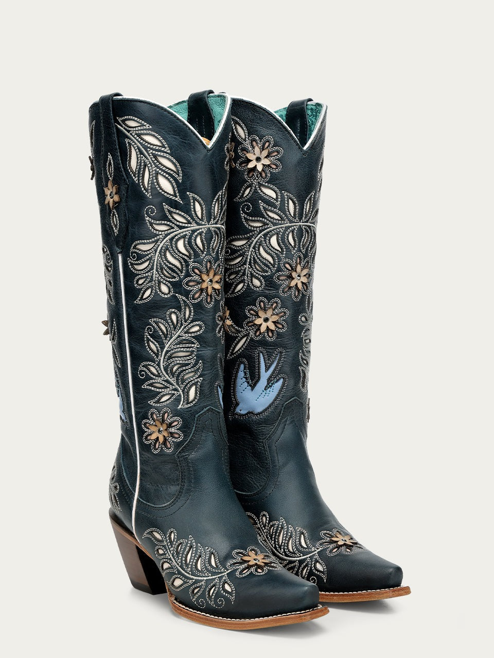 Women's Corral Navy Blue Genuine Leather Boots with Laser & FLOWERS-BIRDS & Inlay & Crystals Tall Top