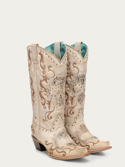 Women's Corral Straw Genuine Leather Boots with Floral Skull Embroidery & Studs