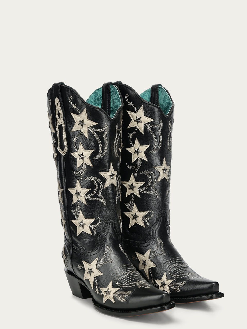 Women's Corral Black Genuine Leather Boots with Embroidery & Stars Overlay & Studs