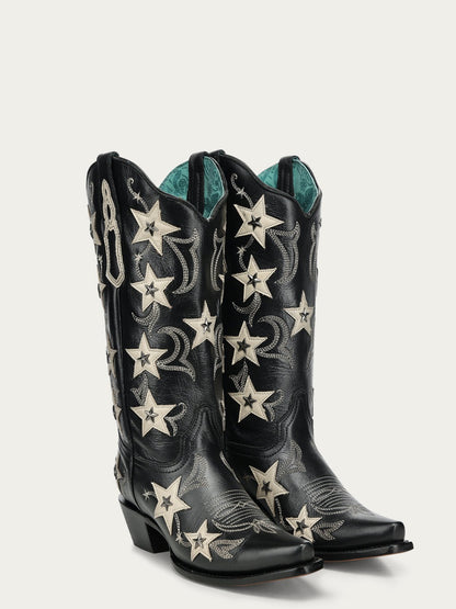 Women's Corral Black Genuine Leather Boots with Embroidery & Stars Overlay & Studs