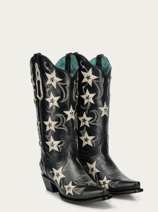 Women's Corral Black Genuine Leather Boots with Embroidery & Stars Overlay & Studs