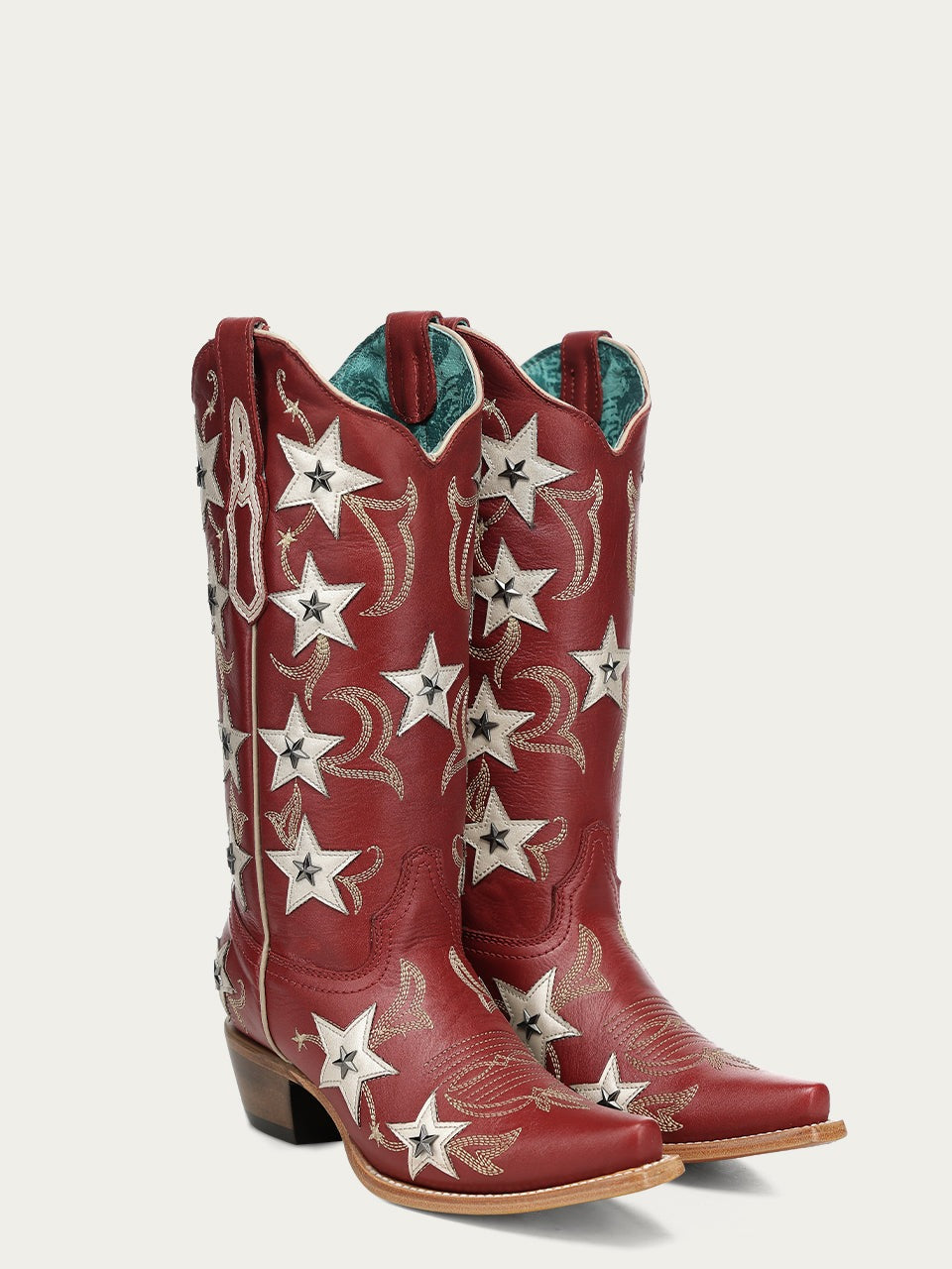 Women's Corral Red Genuine Leather Boots with Embroidery & Stars Overlay & Studs