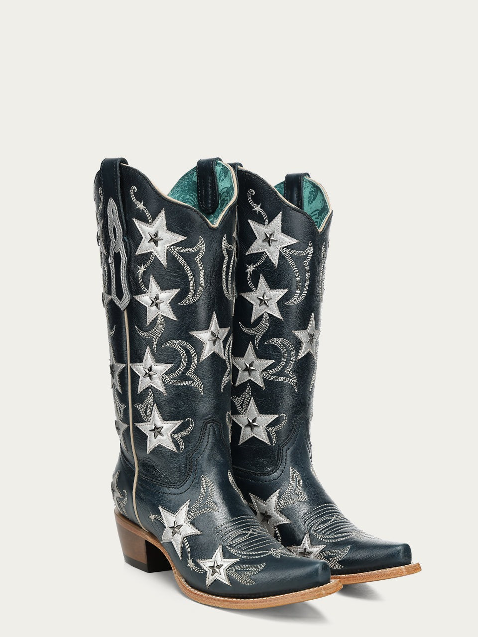 Women's Corral Navy Genuine Leather Boots with Blue Embroidery & Stars Overlay & Studs
