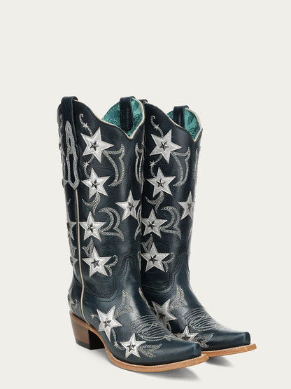 Women's Corral Navy Genuine Leather Boots with Blue Embroidery & Stars Overlay & Studs