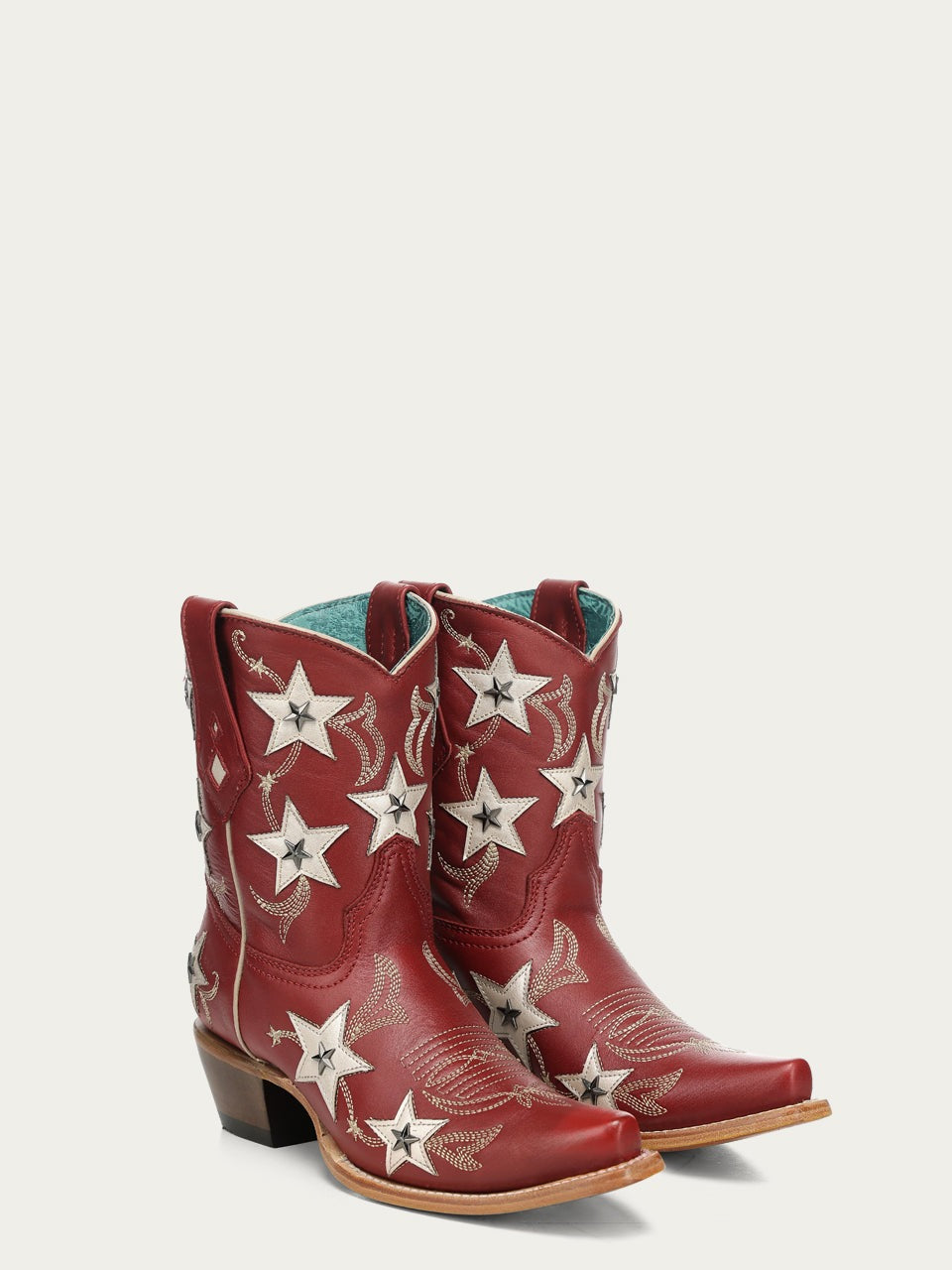 Women's Corral Red Genuine Leather Boots with Embroidery & Stars Overlay & Studs Ankle Boot