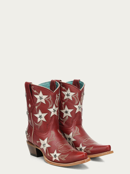 Women's Corral Red Genuine Leather Boots with Embroidery & Stars Overlay & Studs Ankle Boot