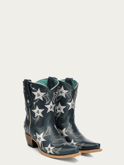 Women's Corral Navy Blue Genuine Leather Boots with Embroidery & Stars Overlay & Studs Ankle Boot