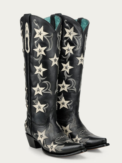 Women's Corral Black Genuine Leather Boots with Embroidery & Stars Overlay & Studs Tall Top
