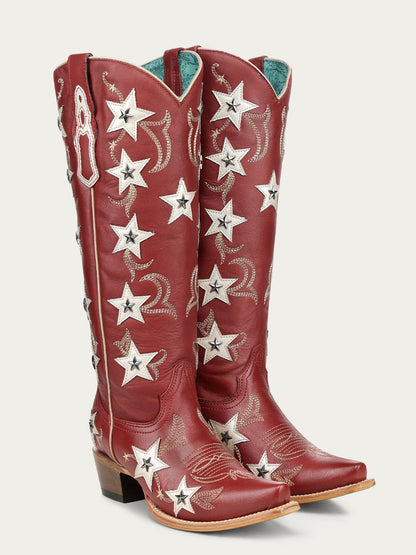 Women's Corral Red Genuine Leather Boots with Embroidery & Stars Overlay & Studs Tall Top