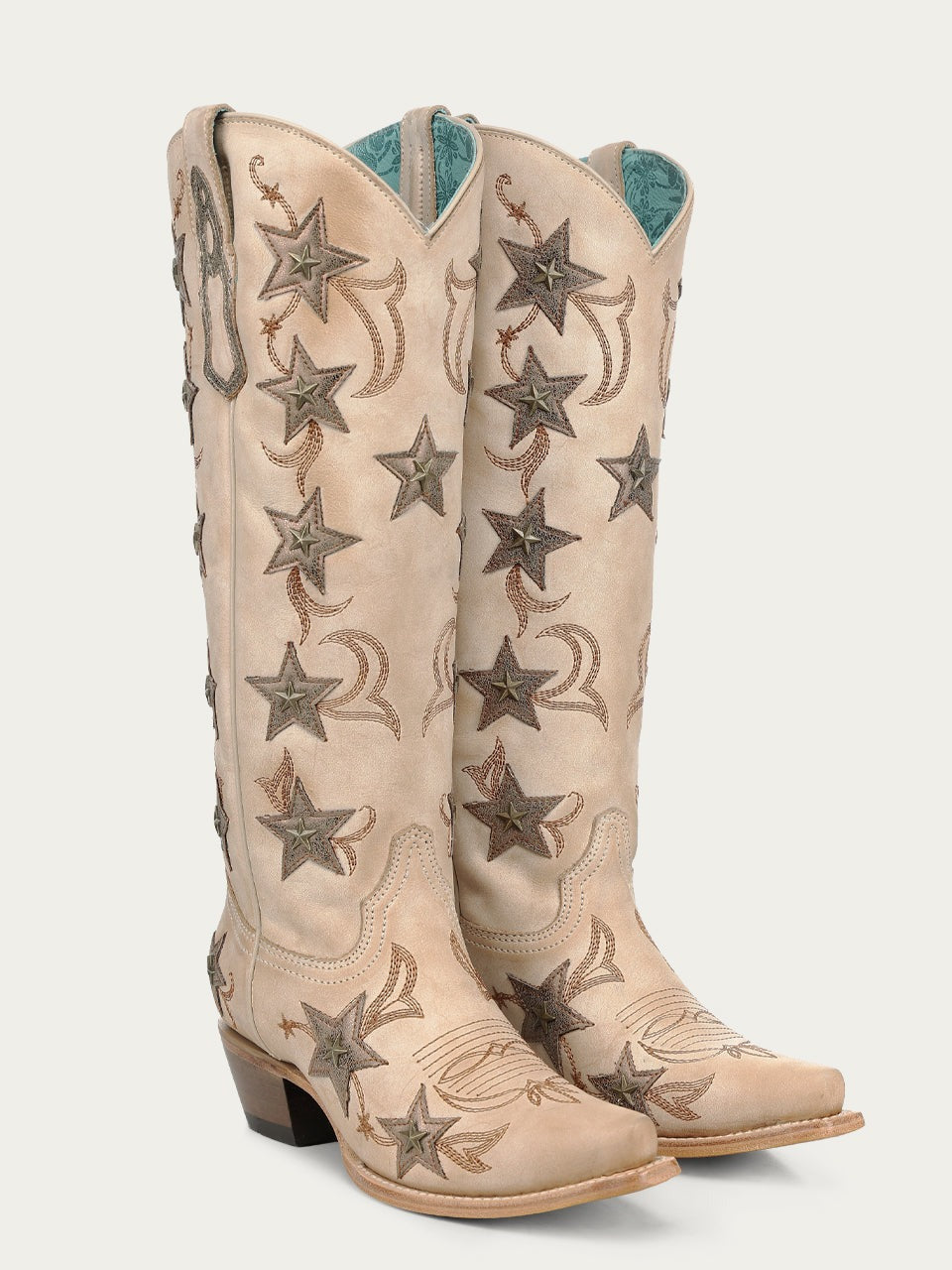 Women's Corral Bone Genuine Leather Boots with Embroidery & Stars Overlay & Studs Tall Top