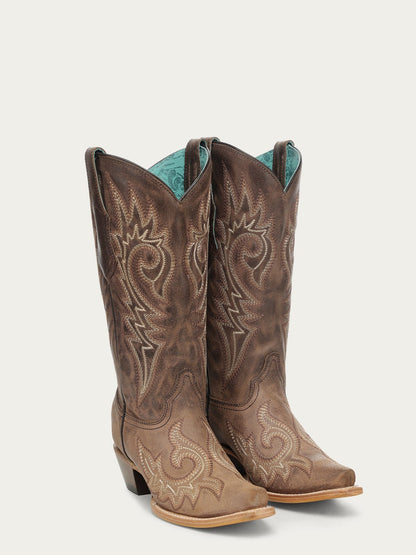 Women's Corral Brown Genuine Leather Boots with Flames Embroidery