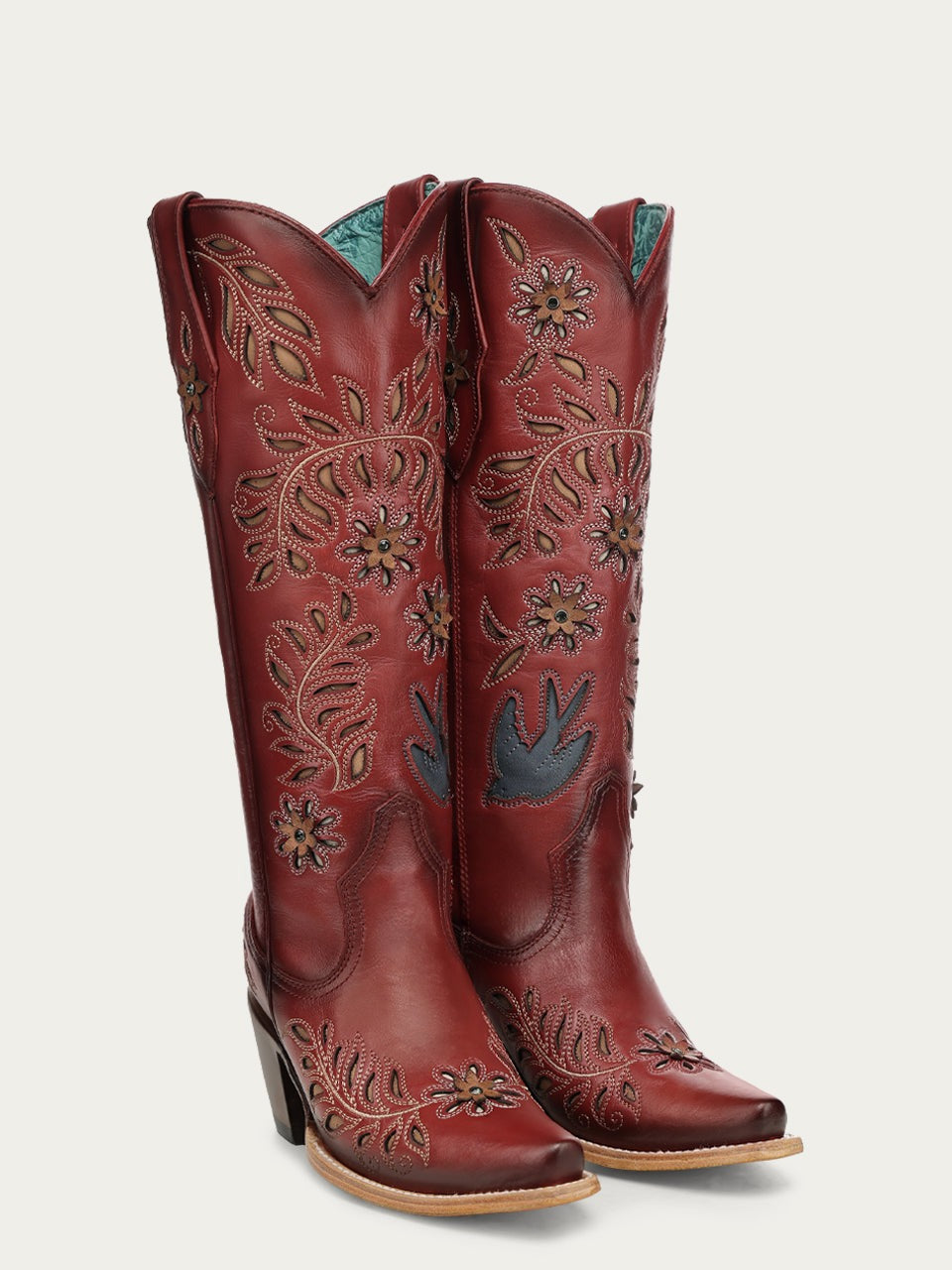 Women's Corral Red Genuine Leather Boots with LASER, Flowers and Birds Inlay and Crystals Tall Top Cowboy Boot