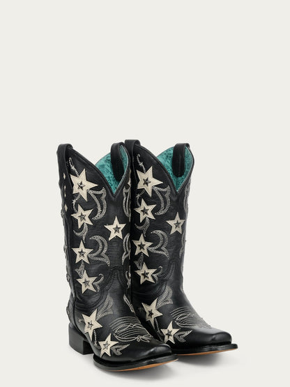 Women's Corral Black Genuine Leather Boots with Embroidery & Stars Overlay & Studs