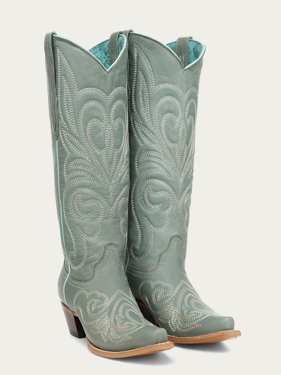 Women's Corral Aqua Genuine Leather Boots with Curved Embroidery Pattern Tall Top