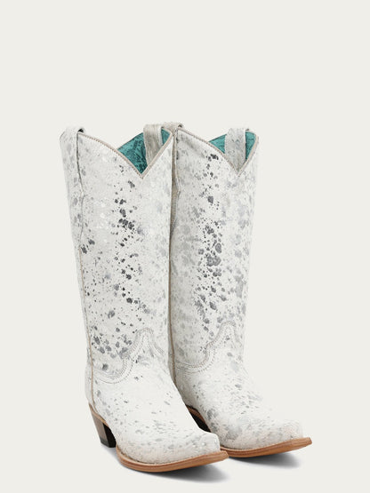 Women's Corral Bone Genuine Leather Boots with Hair Leather with Silver Paint Splater Cowboy Boot
