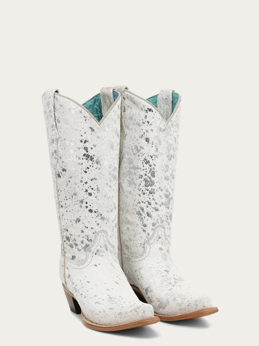Women's Corral Bone Genuine Leather Boots with Hair Leather with Silver Paint Splater Cowboy Boot