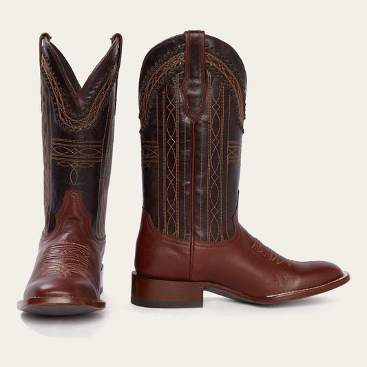 Men's Stetson Denver Boots brown handcrafted leather square toe with intricate stitching