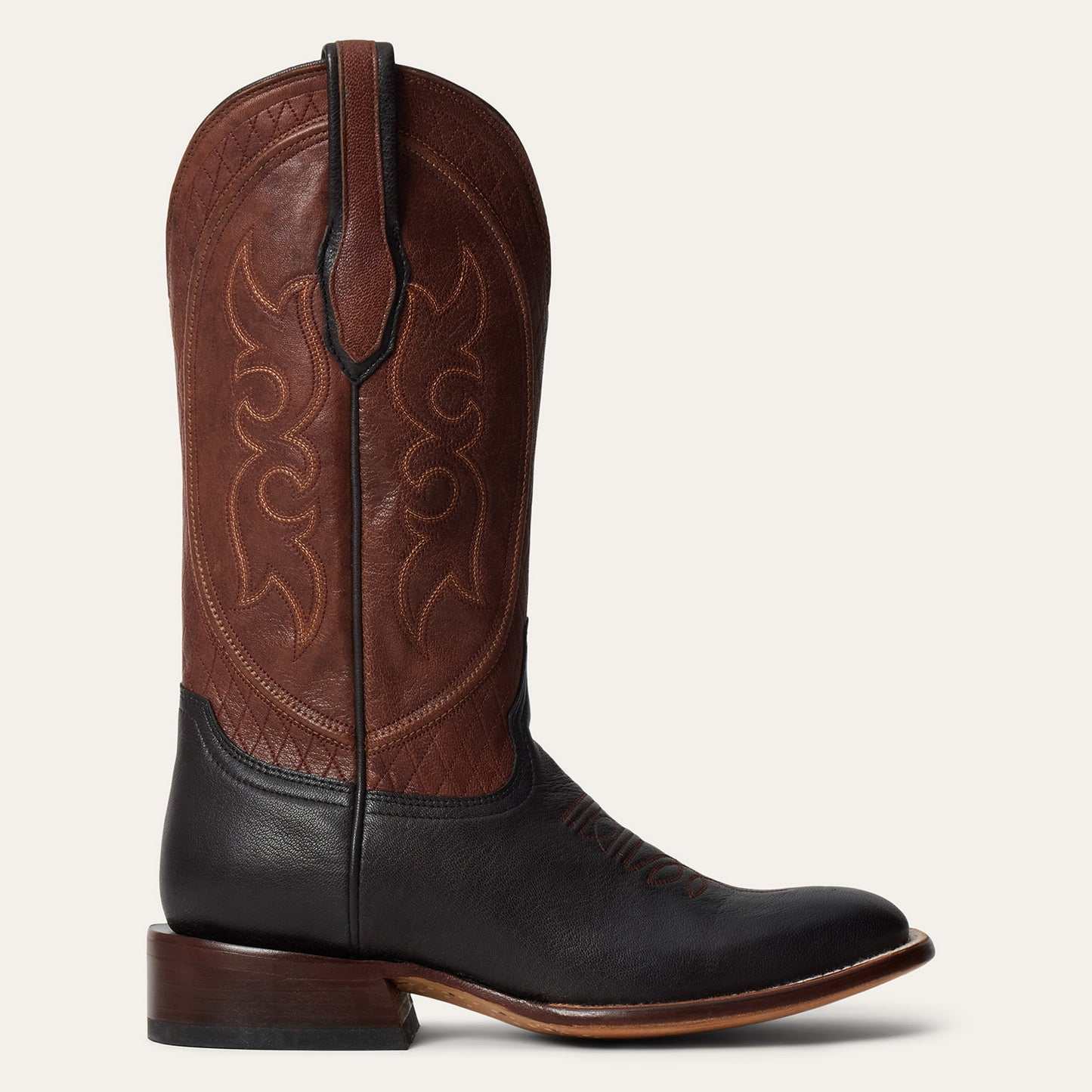 Men's Stetson Bridger handcrafted black goat leather boots with brown 13-inch shaft and intricate stitching
