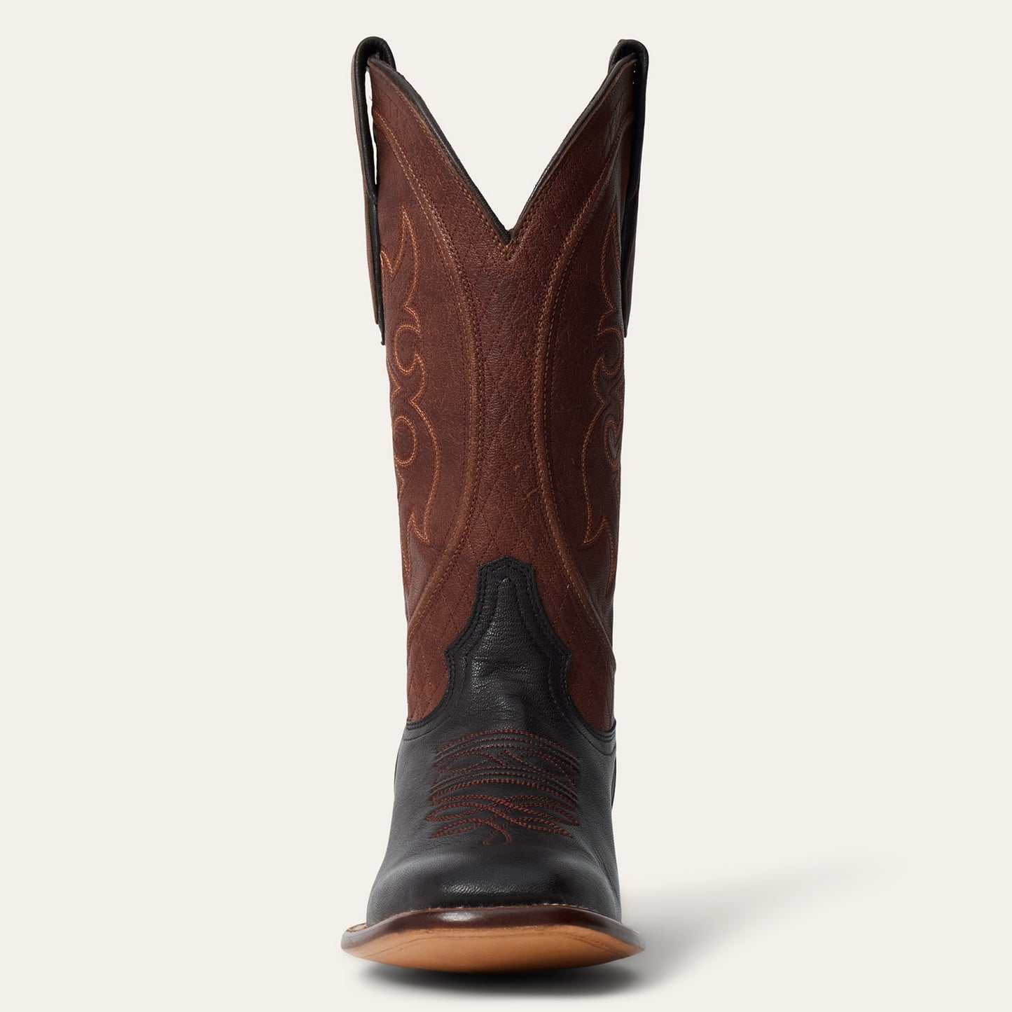 Men's Stetson Bridger handcrafted black goat leather boots with brown 13-inch shaft and intricate stitching
