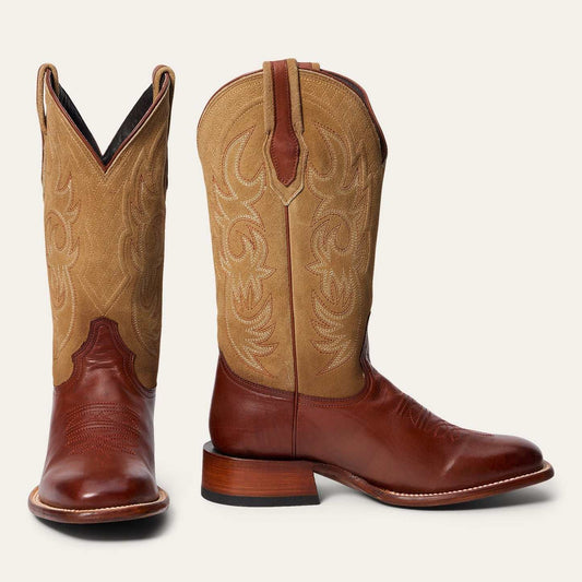 Men's Stetson Jasper Boots handcrafted brown leather with tan suede shaft and intricate stitching