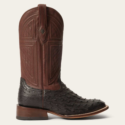Men's Stetson Dillon Ostrich Boots black handcrafted square toe with brown calfshaft and intricate stitching