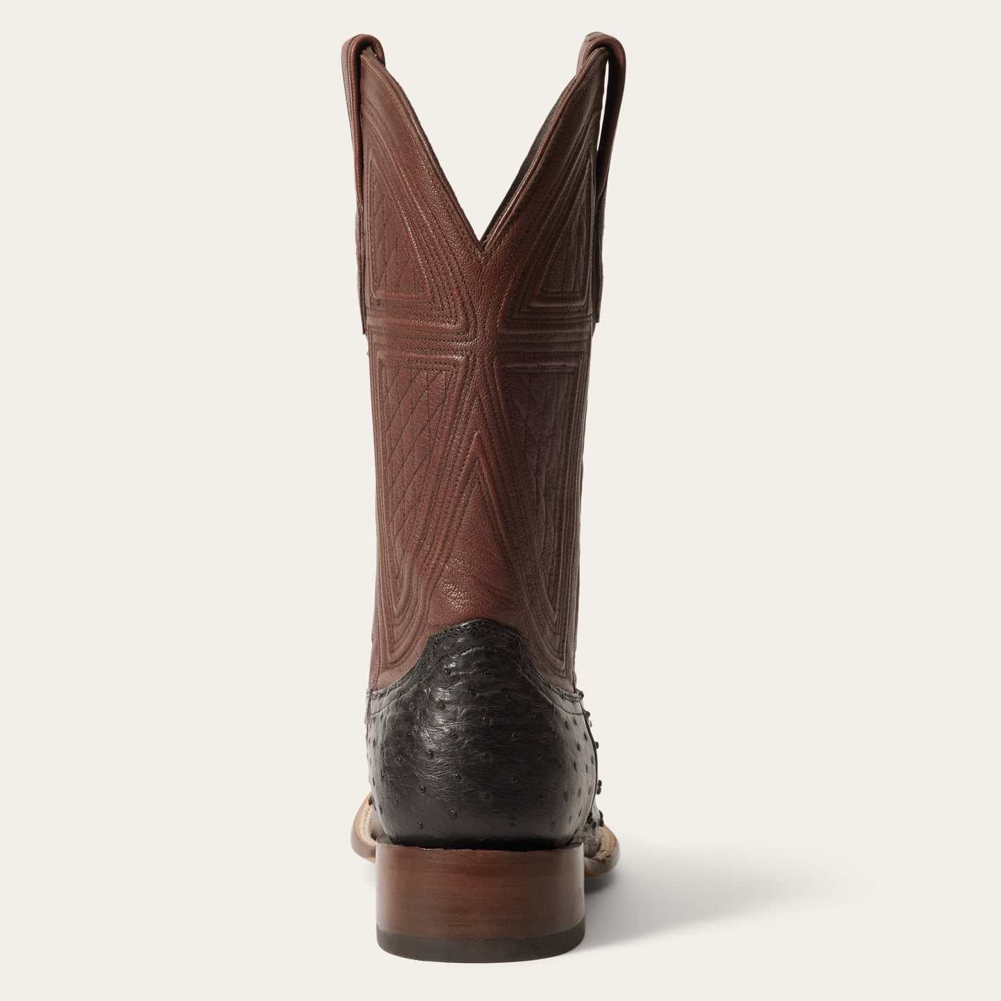 Handcrafted men's black Stetson Dillon Ostrich Boots with square toe and brown calfshaft