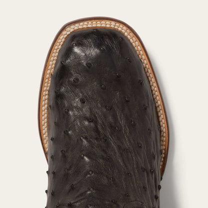 Black handcrafted Stetson Dillon Ostrich Boots with square toe and 13" brown calf shaft