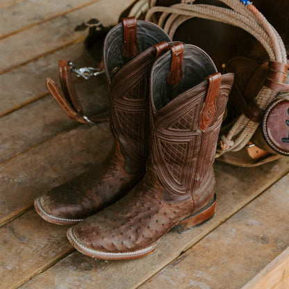 Men's Stetson Jackson Ostrich Boots brown handcrafted square toe with leather stacked heel