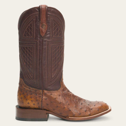 Men's Stetson Jackson Ostrich Boots handcrafted brown leather square toe with intricate stitching