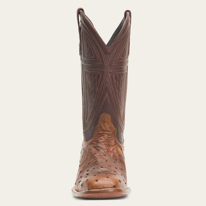 Men's Stetson Jackson Ostrich Boots handcrafted brown square toe with intricate stitching and leather outsole