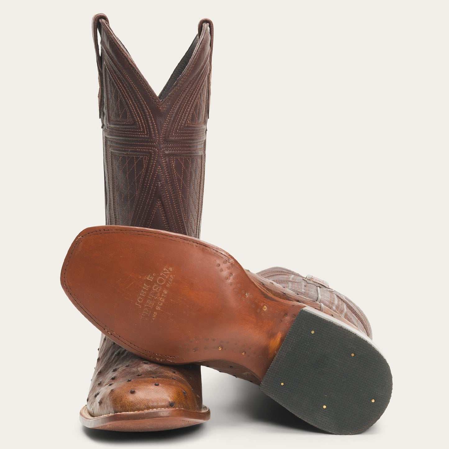 Men's Stetson Jackson Ostrich Boots handcrafted brown leather square toe cowboy boots with 13-inch calf shaft and intricate stitching