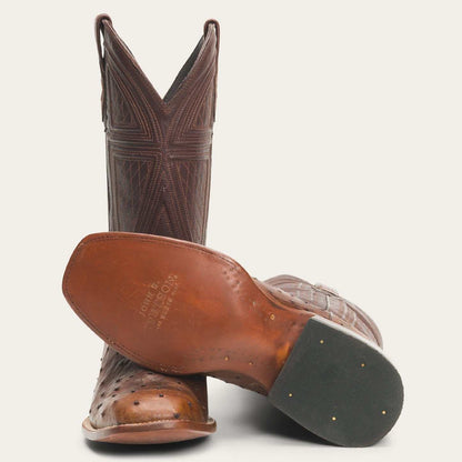Men's Stetson Jackson Ostrich Boots handcrafted brown leather square toe cowboy boots with 13-inch calf shaft and intricate stitching