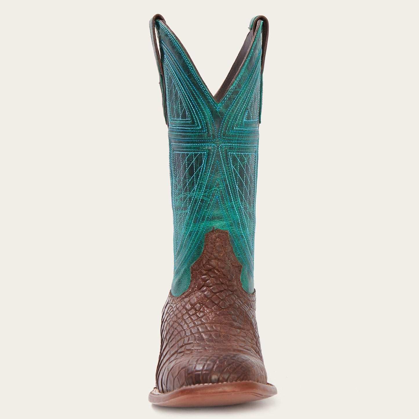 Men's Stetson Big Horn alligator leather boots with square toe and intricate hand stitching in brown