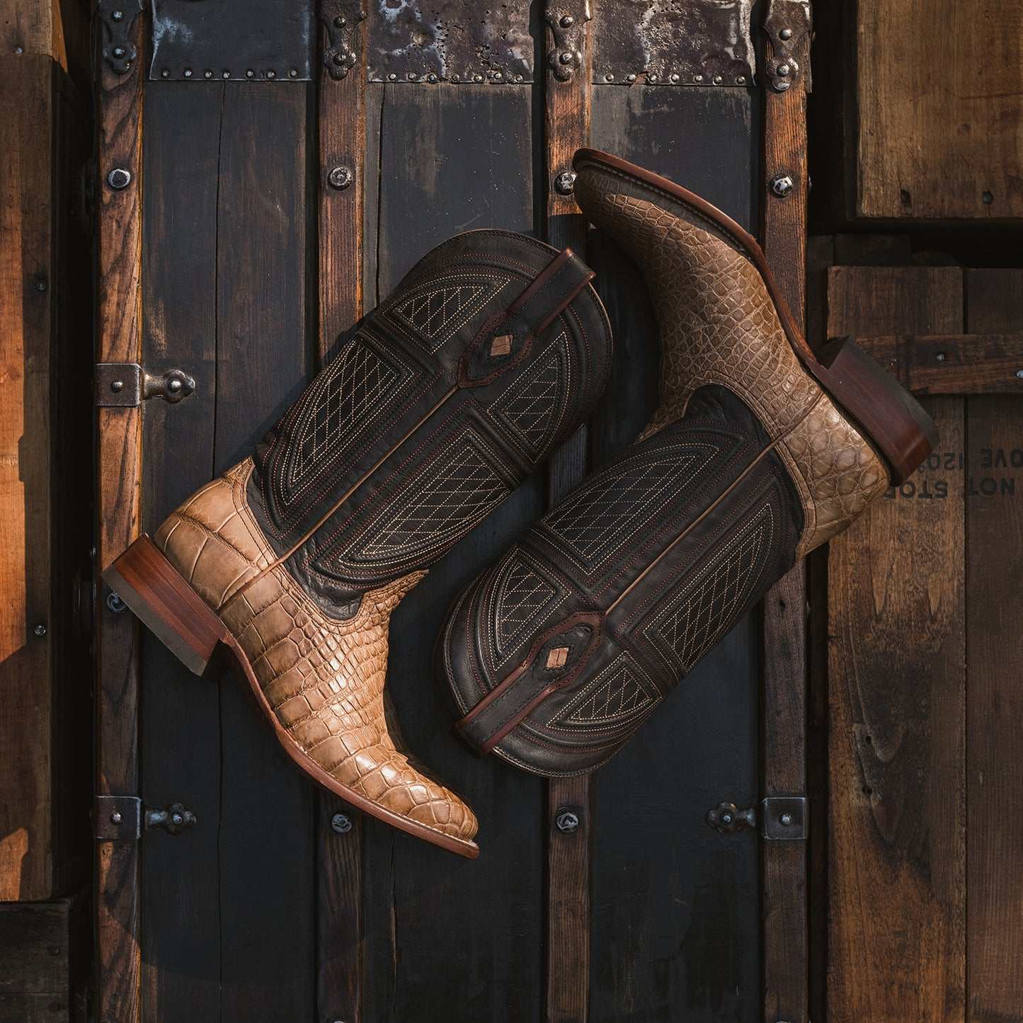 Men's Stetson Flaxville Alligator Boots Honey with 13" blue shaft and handcrafted leather construction