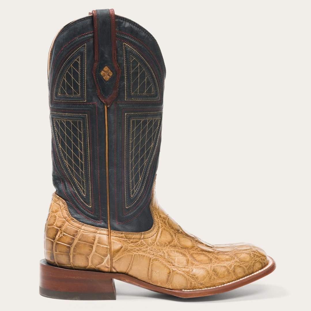 Men's Stetson Flaxville Alligator Boots Honey with blue 13" shaft and hand-stitched leather construction