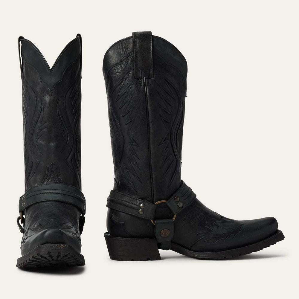 Men's Stetson Biker Outlaw Eagle Boots Square Rocker Toe Handcrafted Black