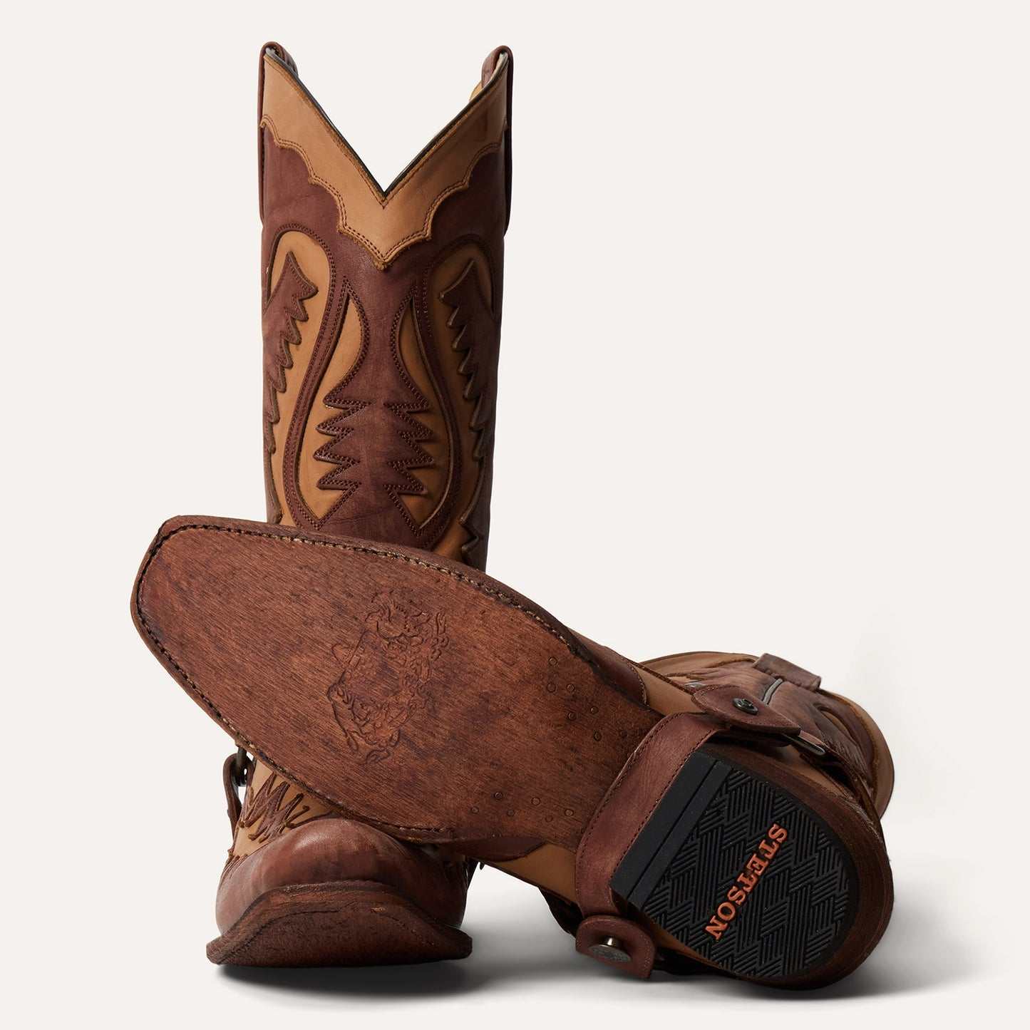 Men's Stetson Outlaw Boots handcrafted washed brown leather cowboy boots with 13" shaft and wingtip design
