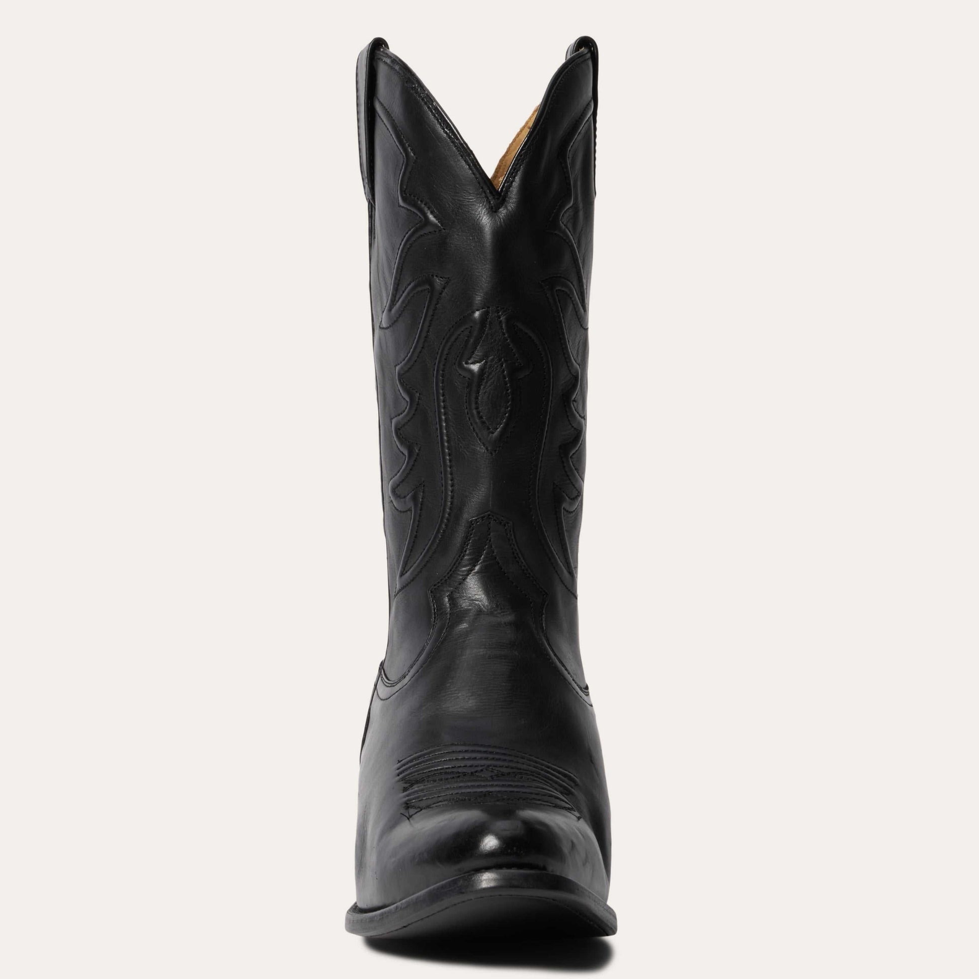 Men's Stetson Ames handcrafted black leather boots with burnished black calf vamp and corded shaft