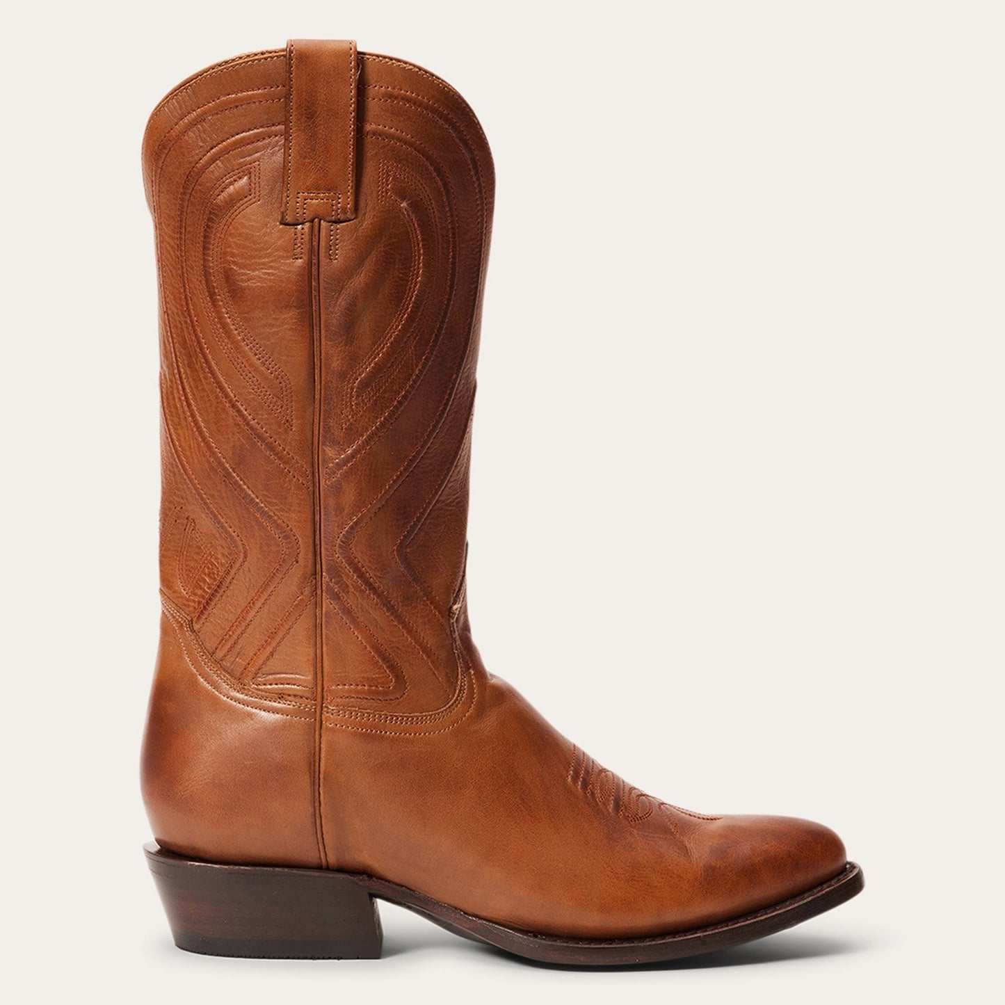 Men's Stetson Mossman Roper handcrafted brown leather boots with burnished cognac vamp and black corded shaft