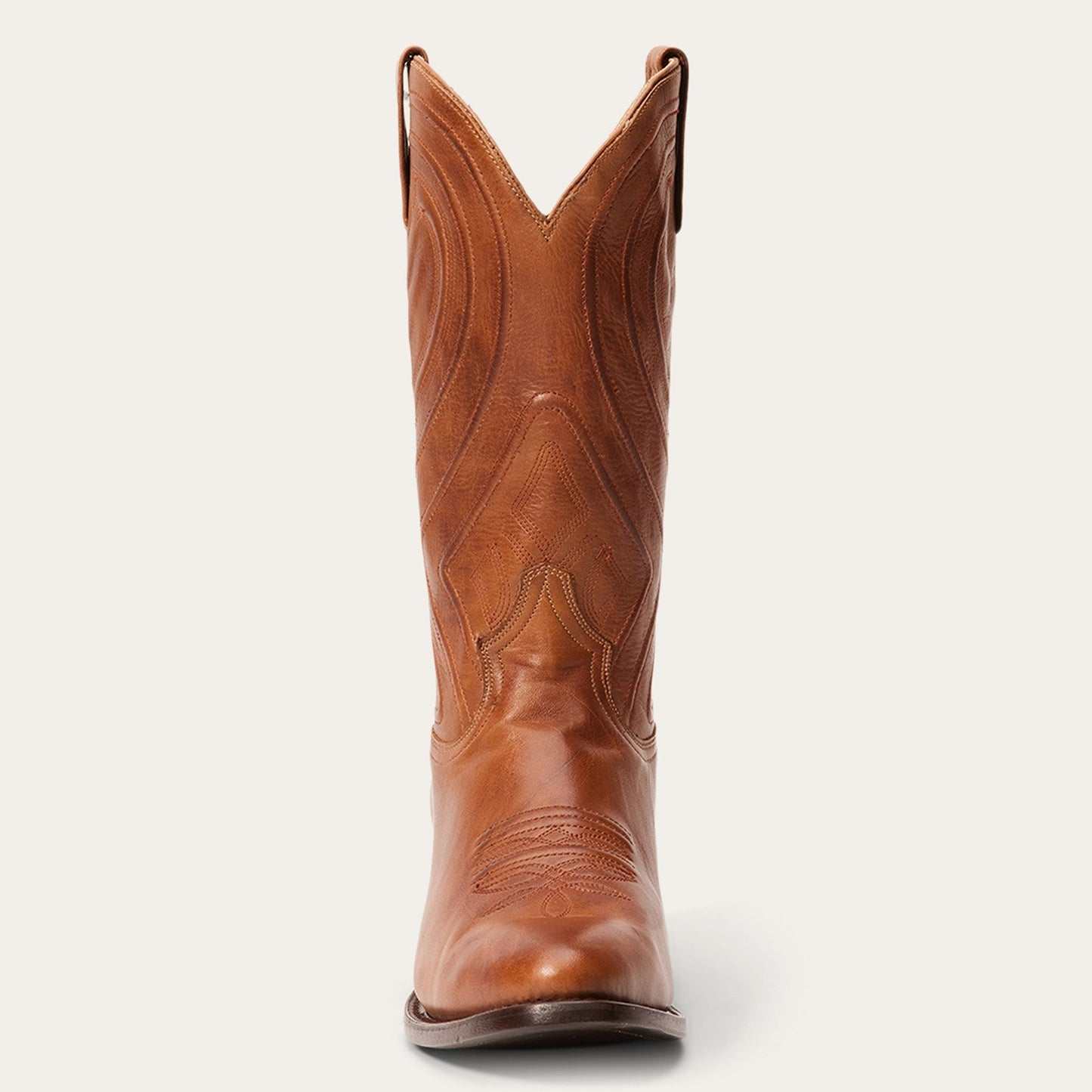 Men's Stetson Mossman Roper handcrafted brown leather boots with burnished cognac vamp and black corded shaft