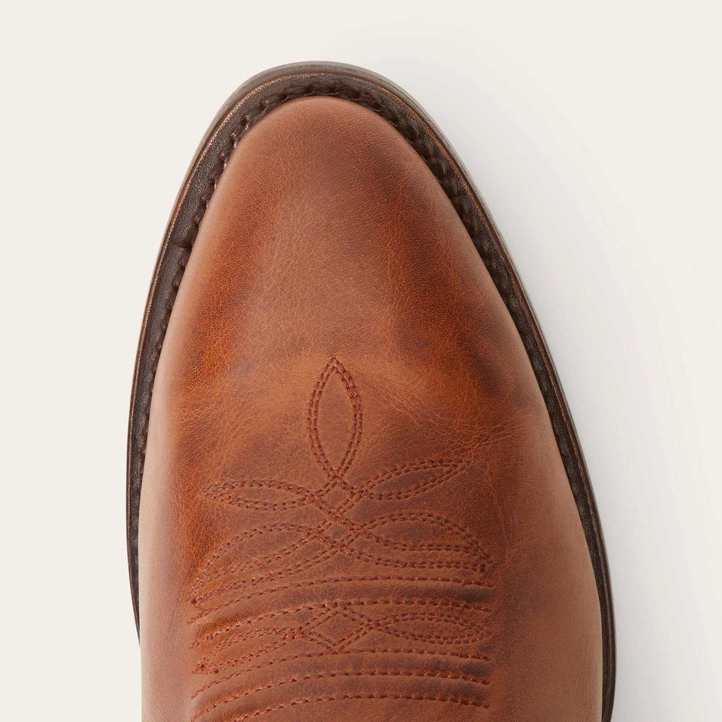 Men's Stetson Mossman Roper handcrafted brown leather boots with burnished cognac vamp and black corded shaft