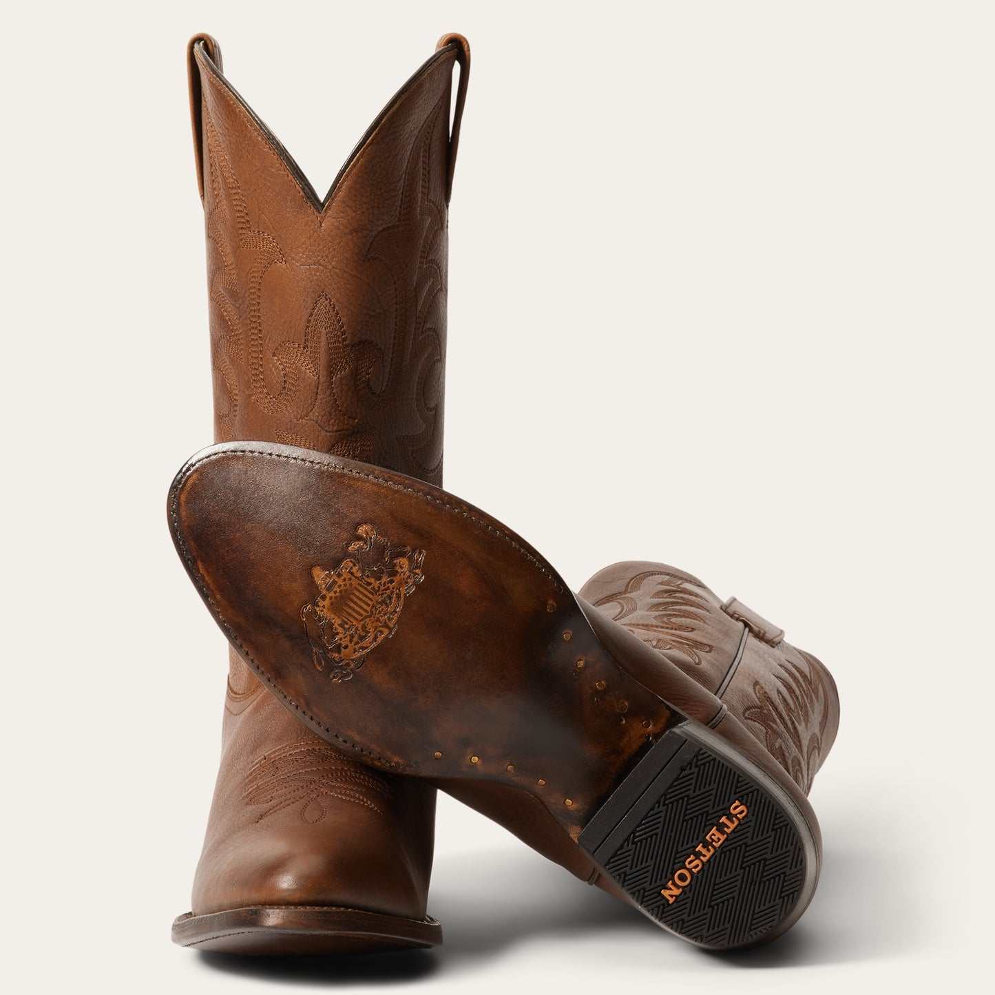 Men's Stetson Sharp Leather Boots handcrafted burnished brown cowboy boots with corded crown shaft and leather sole
