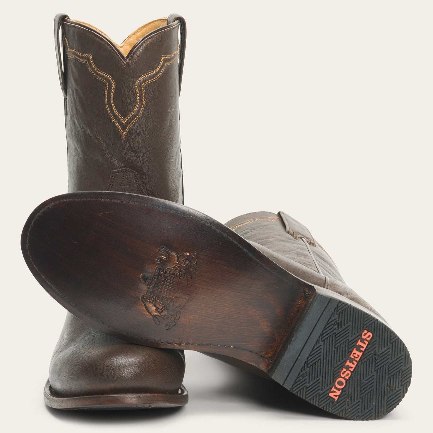 Men's Stetson Puncher Goat Leather Boots handcrafted brown burnished round toe with 9-inch shaft